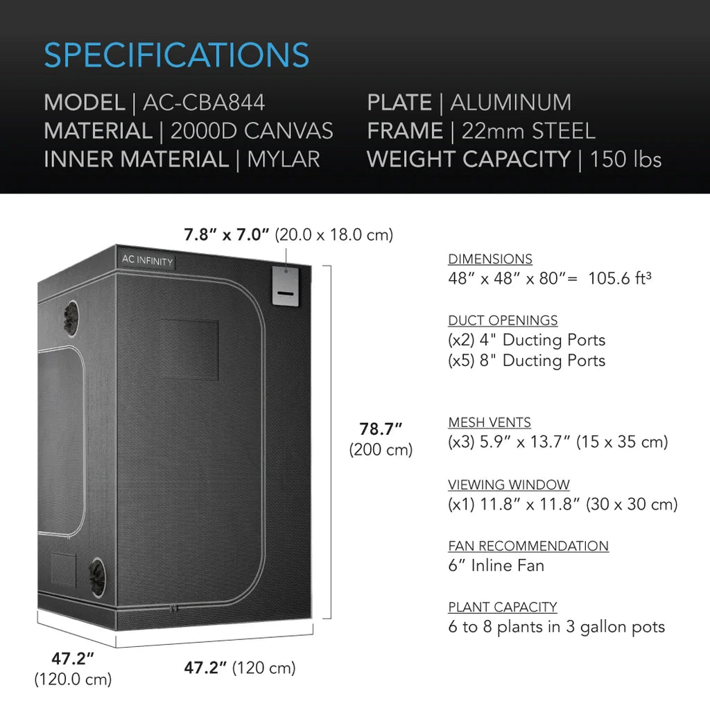 AC INFINITY CLOUDLAB 844, ADVANCE GROW TENT 4X4, 2000D DIAMOND MYLAR CANVAS, 48" X 48" X 80"